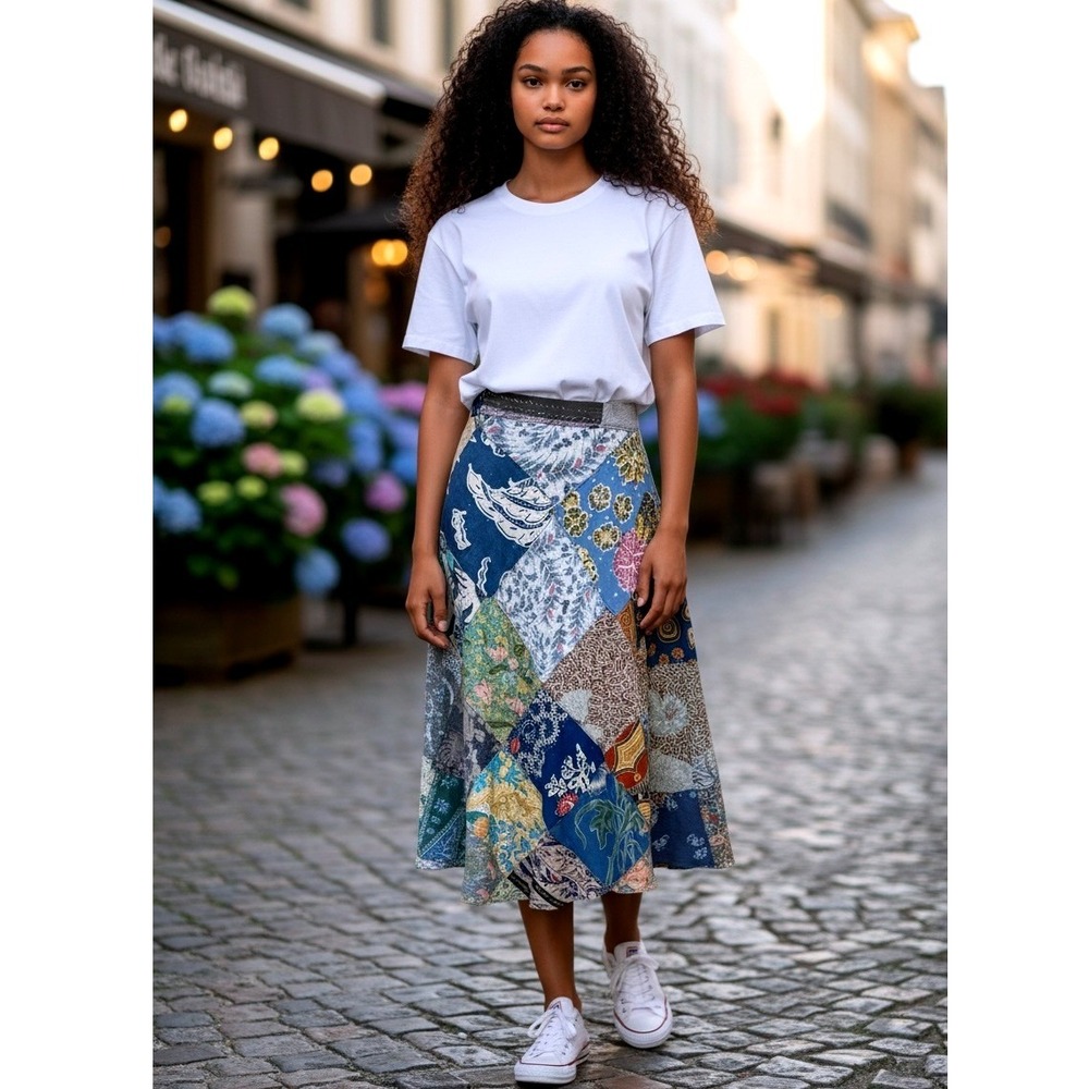 Purple‎ Lotus Imports cotton Patchwork Midi Wrap Skirt OS Blue Batik Floral Boho